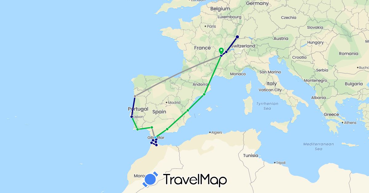 TravelMap itinerary: driving, bus, plane, boat in Spain, France, Morocco, Portugal (Africa, Europe)