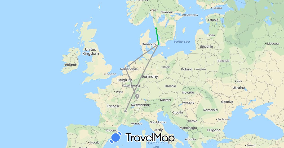 TravelMap itinerary: bus, plane in Switzerland, Denmark, France, Netherlands, Sweden (Europe)
