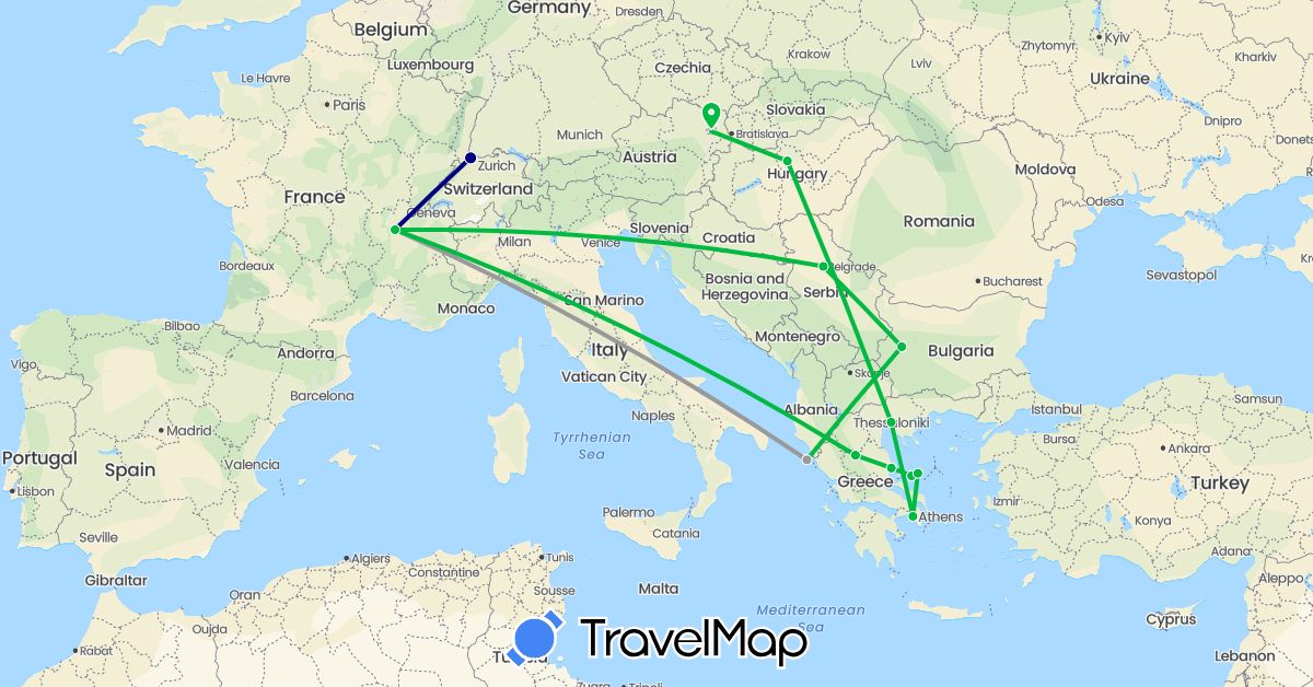 TravelMap itinerary: driving, bus, plane in Austria, Bulgaria, Switzerland, France, Greece, Hungary, Serbia (Europe)